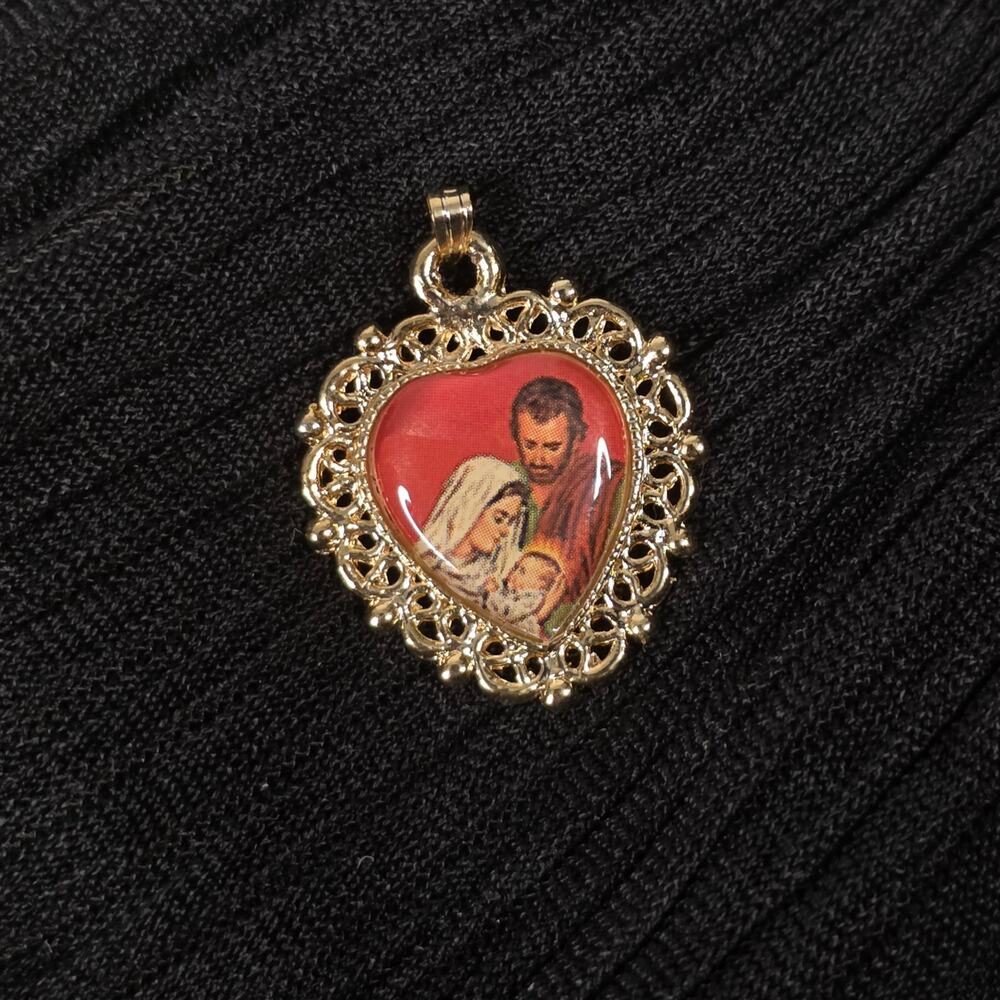 Vintage Tone Holy Family Heart Pendant Mary Joseph Baby Jesus Religious Charm